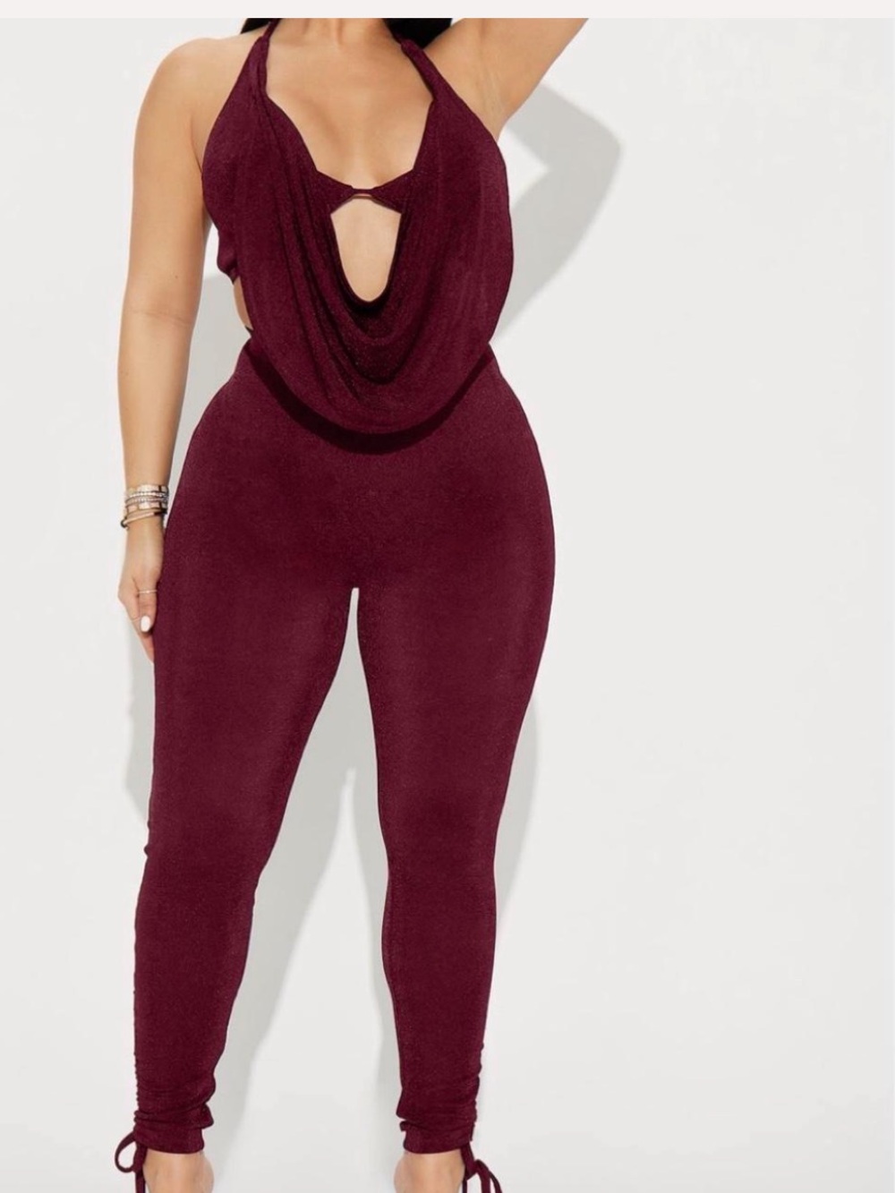 Fashion Nova Burgundy Draped Halter Jumpsuit